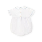 Henry Duvall Charlie Bubble for boys in white cotton with Bailey’s Bay Blue trim and smocked sailboat, classic summer baby boy outfit with Peter Pan collar