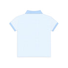 Back view of a light blue patterned shirt on a white background