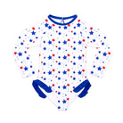 Henry Duvall Reese girls rashguard one piece in red white and blue star print, UPF 50+ long sleeve swimsuit for 4th of July, beach, and summer holidays