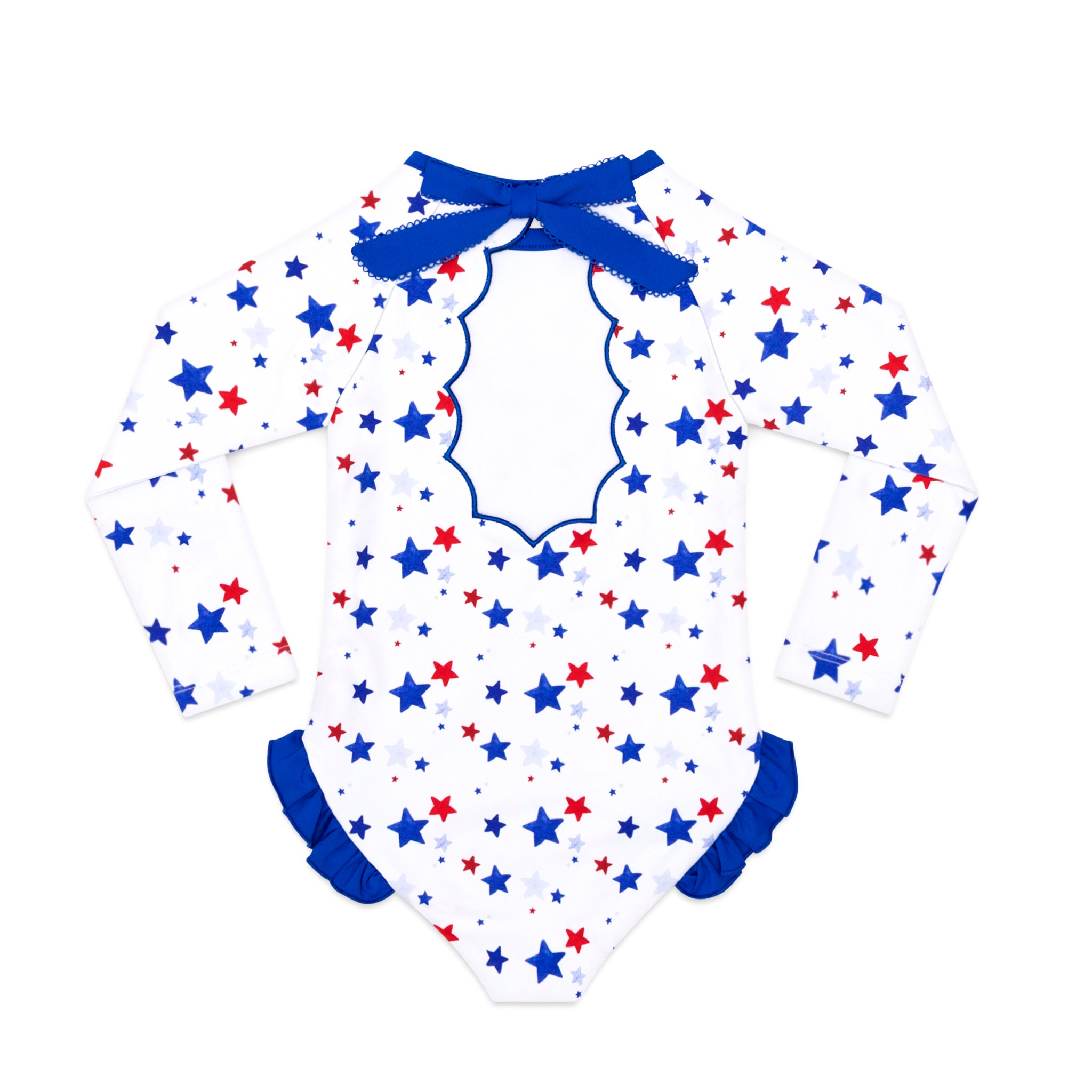 Henry Duvall Reese girls rashguard one piece in red white and blue star print, UPF 50+ long sleeve swimsuit for 4th of July, beach, and summer holidays