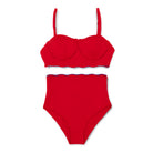 Woman’s preppy bikini, flattering two-piece swimsuit with UPF 50+ sun protection, designed to match kids’ and baby swim styles
