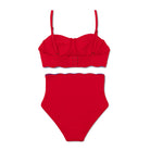 Woman’s preppy bikini, flattering two-piece swimsuit with UPF 50+ sun protection, designed to match kids’ and baby swim styles