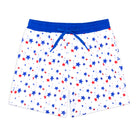 Henry Duvall Theo men’s swim trunks in Somerset Stars print with red and blue stars, UPF 50+ patriotic swim shorts for beach, vacation, and father-son matching outfits