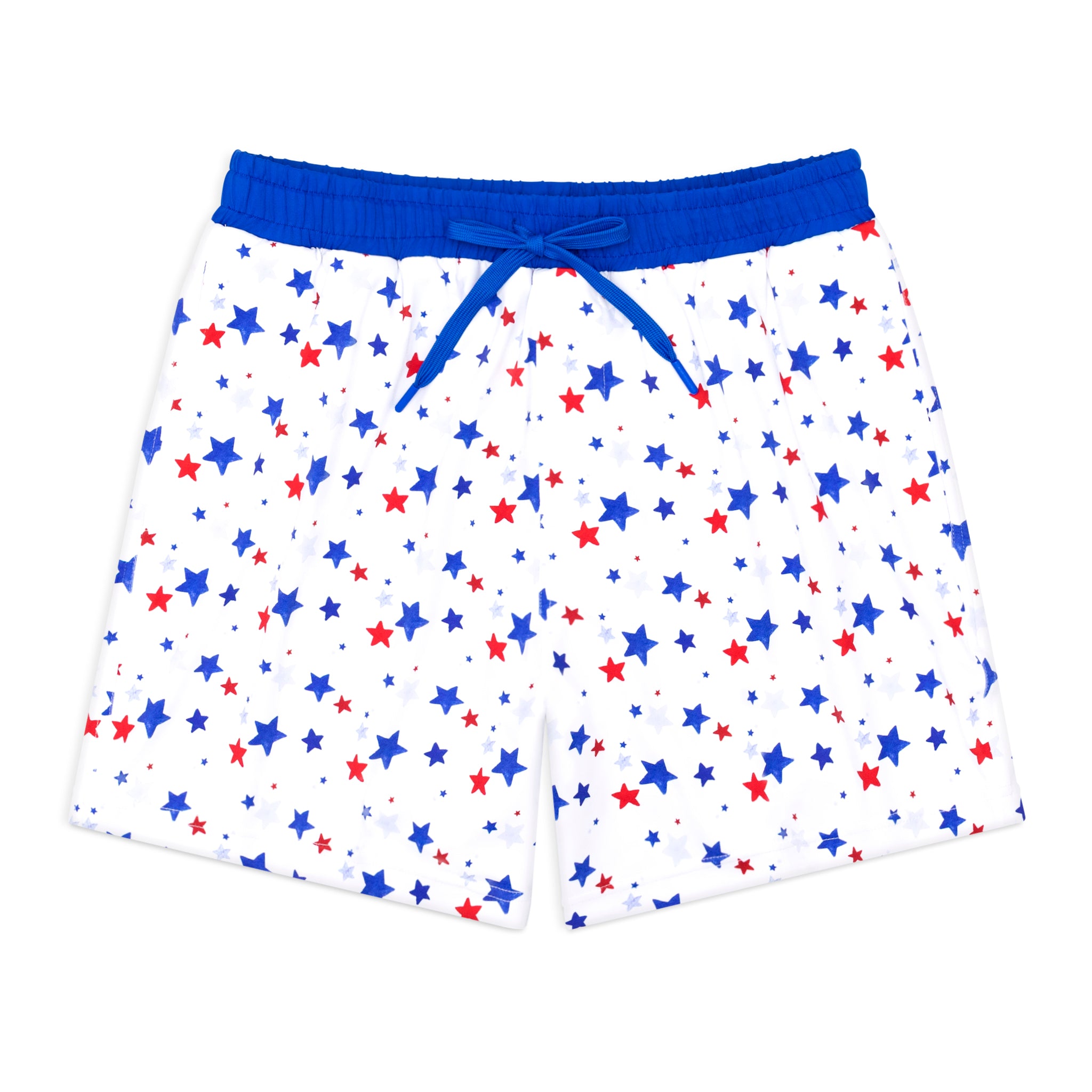 Henry Duvall Theo men’s swim trunks in Somerset Stars print with red and blue stars, UPF 50+ patriotic swim shorts for beach, vacation, and father-son matching outfits