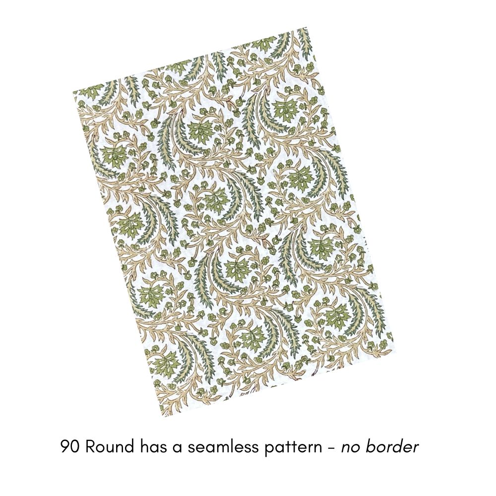 Harvest Fable tablecloth with green and gold block print, styled for Thanksgiving with gingham accents