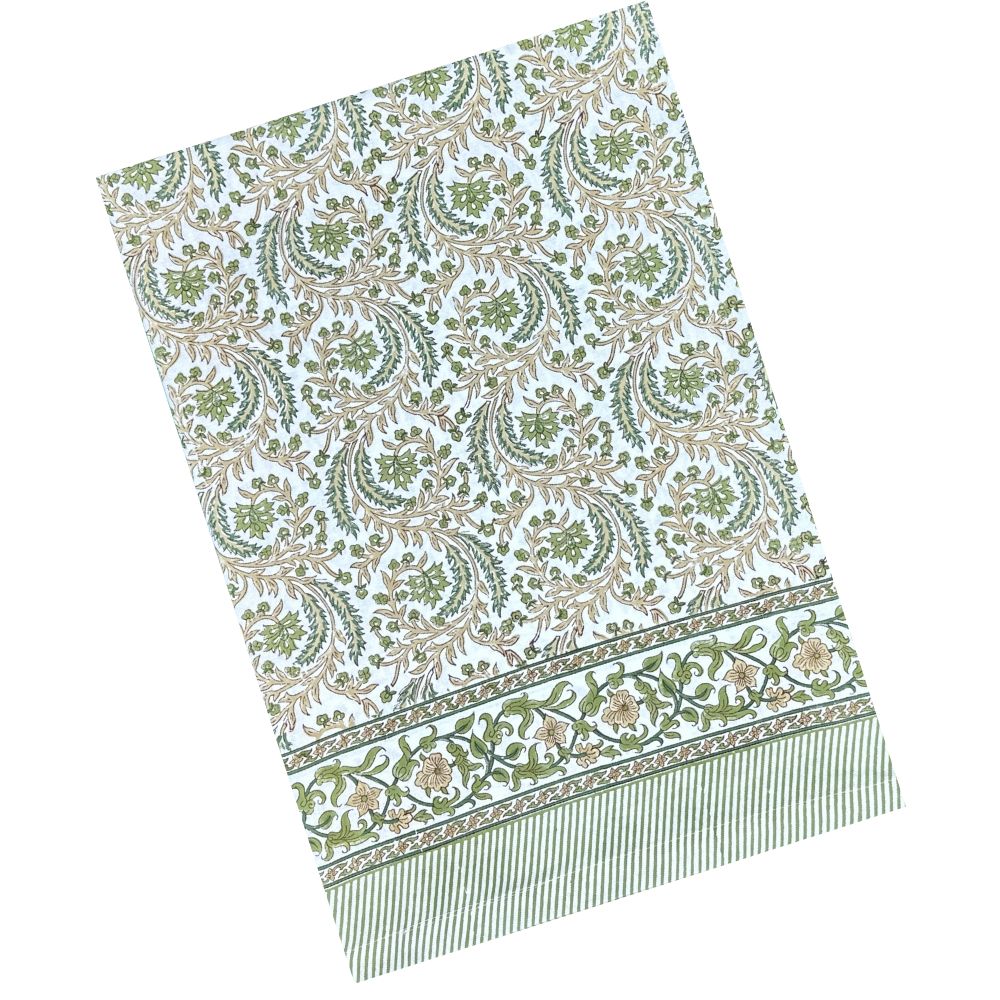 Harvest Fable tablecloth with green and gold block print, styled for Thanksgiving with gingham accents