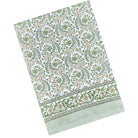 Harvest Fable tablecloth with green and gold block print, styled for Thanksgiving with gingham accents