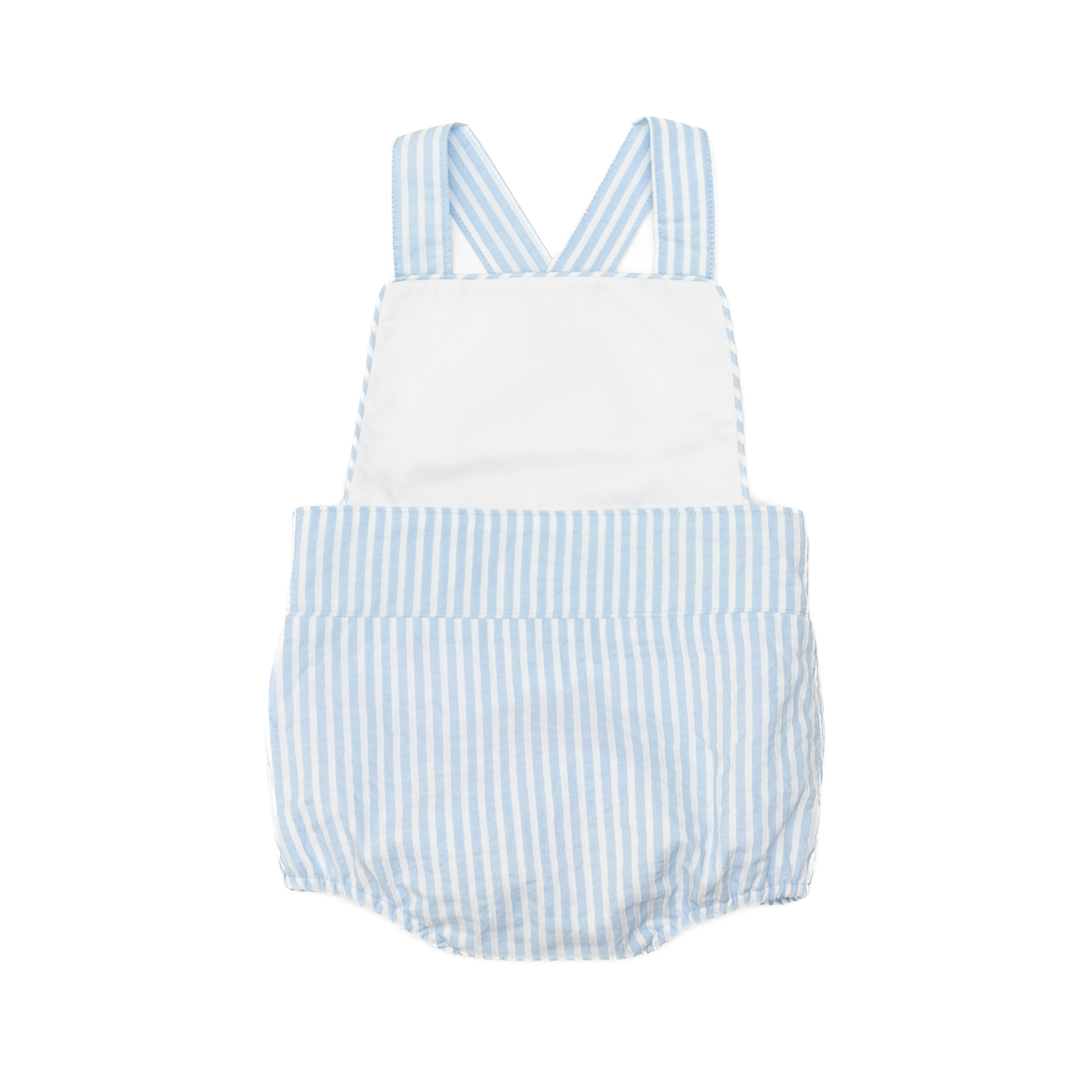 Henry Duvall Henry Sunsuit for baby boys in Seaside Stripe, a classic pale blue and white striped sunsuit with adjustable criss-cross straps