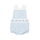 Henry Duvall Sutton Sunsuit for baby girls in Seaside Stripe, a classic blue and white striped sunsuit with embroidered bow detail.