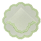 Green checkered doilies with scalloped edges on a white background