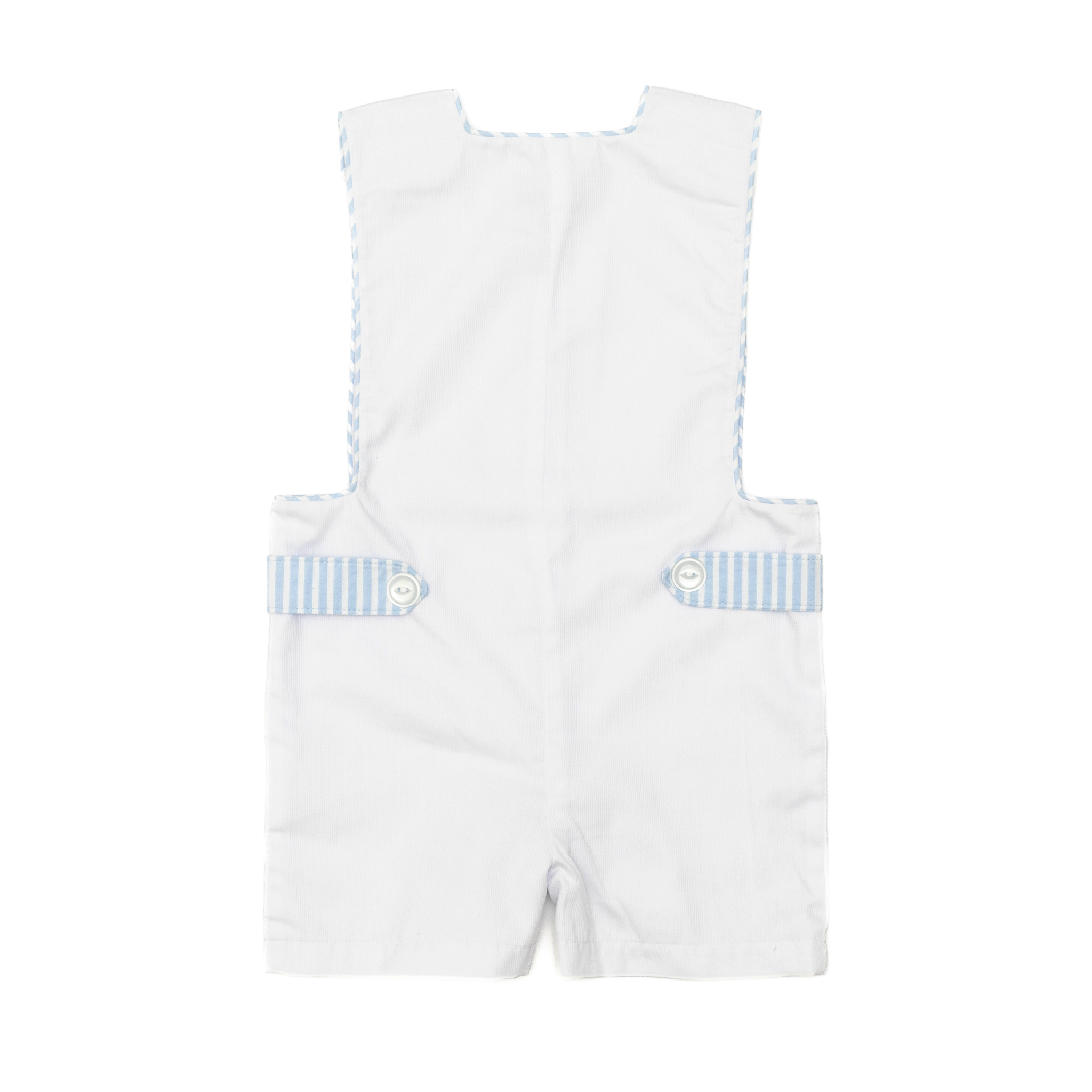Henry Duvall James Henry Jon Jon for toddler boys in white piqué with Seaside Stripe trim, a classic and traditional summer one-piece