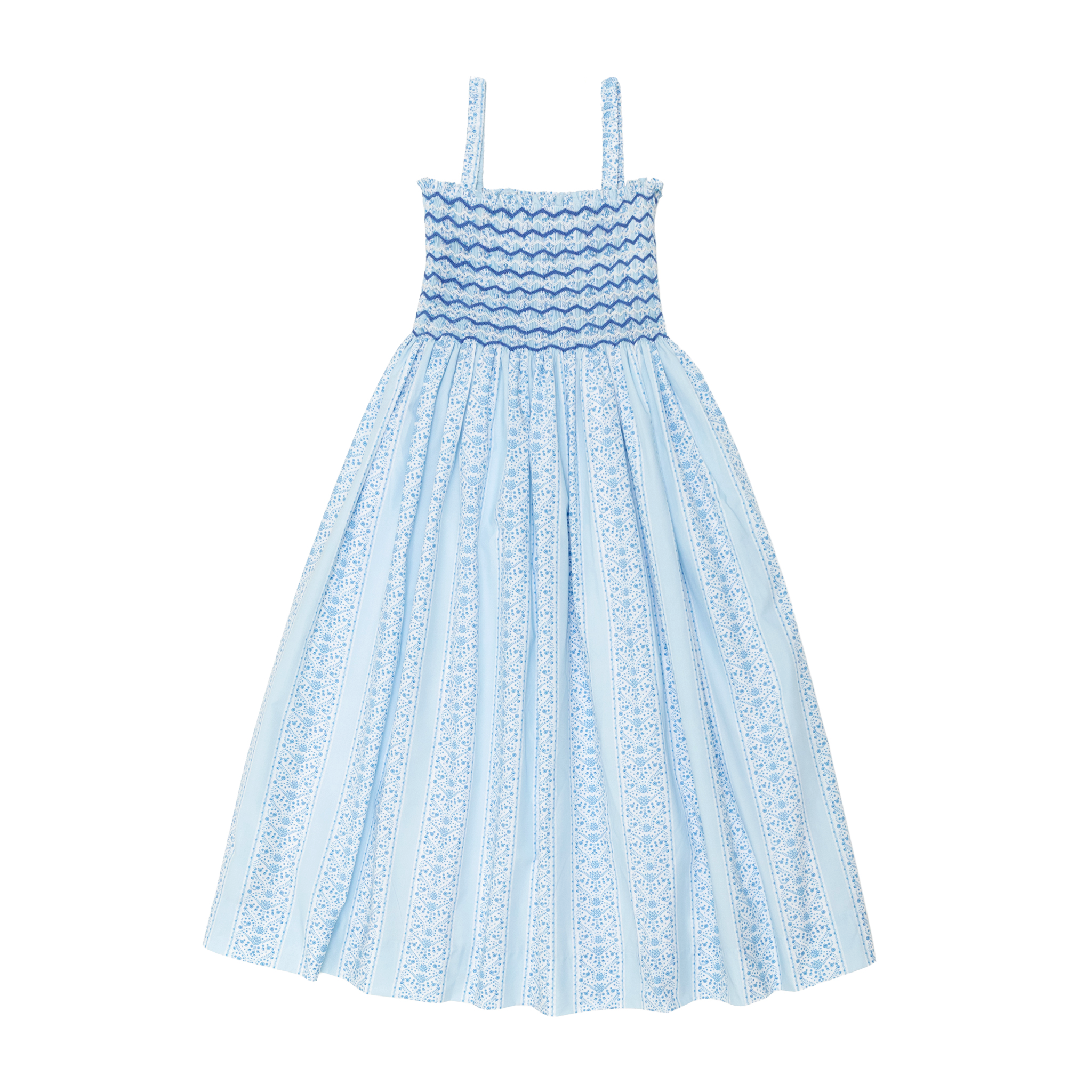 Henry Duvall Kate Dress for women in South Charles Stripe, a classic summer dress with smocked embroidered bodice and full gathered skirt.