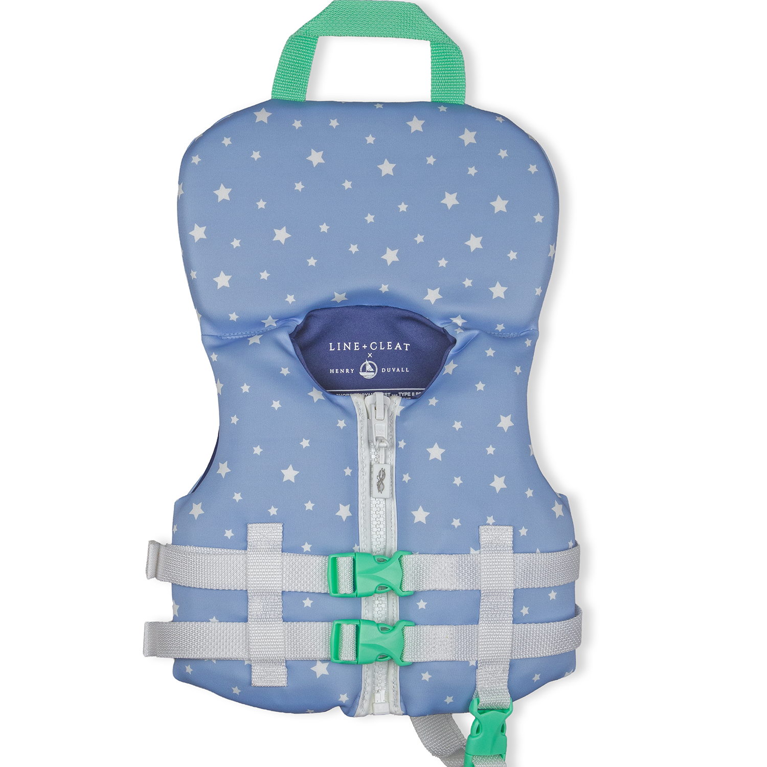 Stylish Henry Duvall x Line + Cleat infant life jacket in blue star print with neck pillow support, zipper front, and adjustable straps