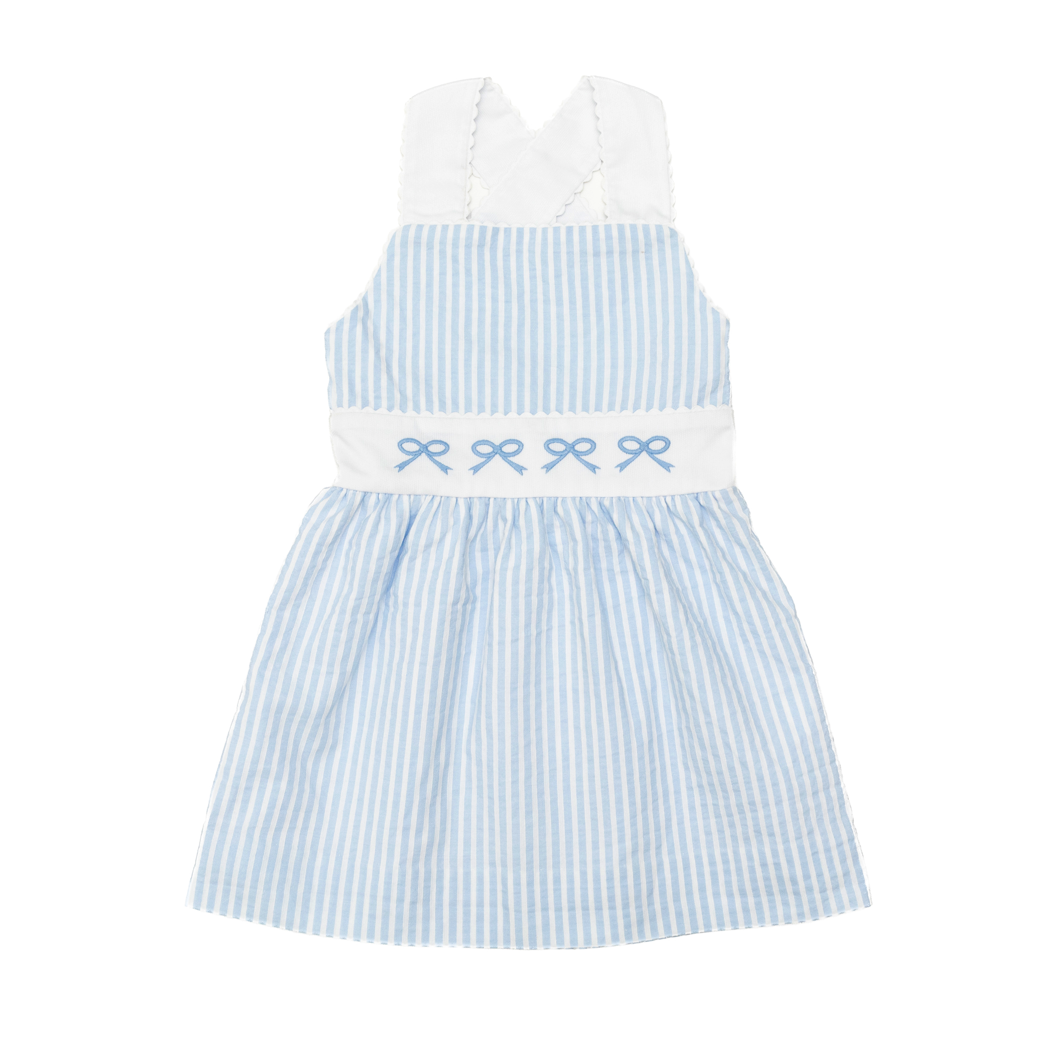 Henry Duvall Campbell Dress for girls in SeasideStripe, a classic summer dress featuring blue bow embroidery and a timeless sleeveless silhouette