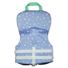 Stylish Henry Duvall x Line + Cleat infant life jacket in blue star print with neck pillow support, zipper front, and adjustable straps