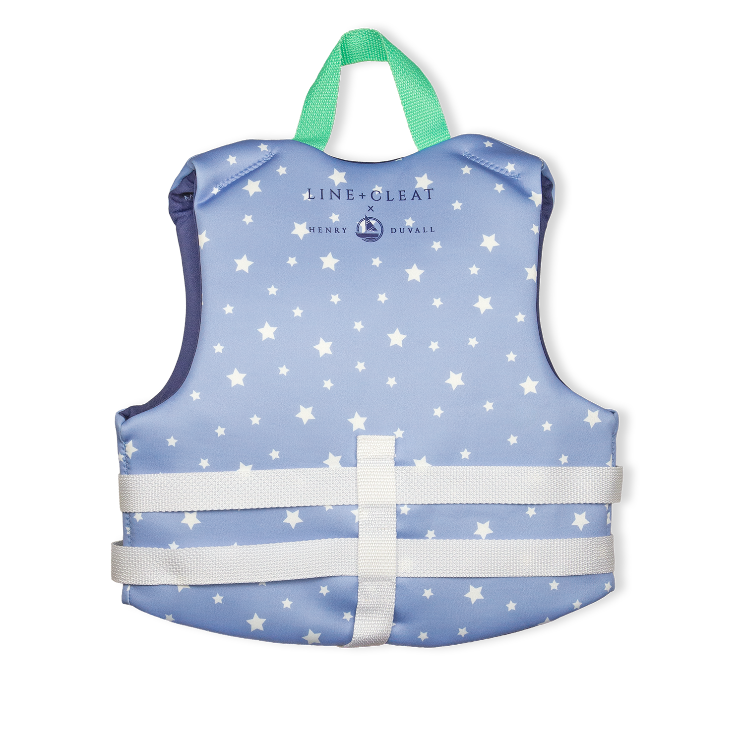 Stylish Henry Duvall x Line + Cleat kids life jacket in blue star print with zipper front and adjustable safety straps