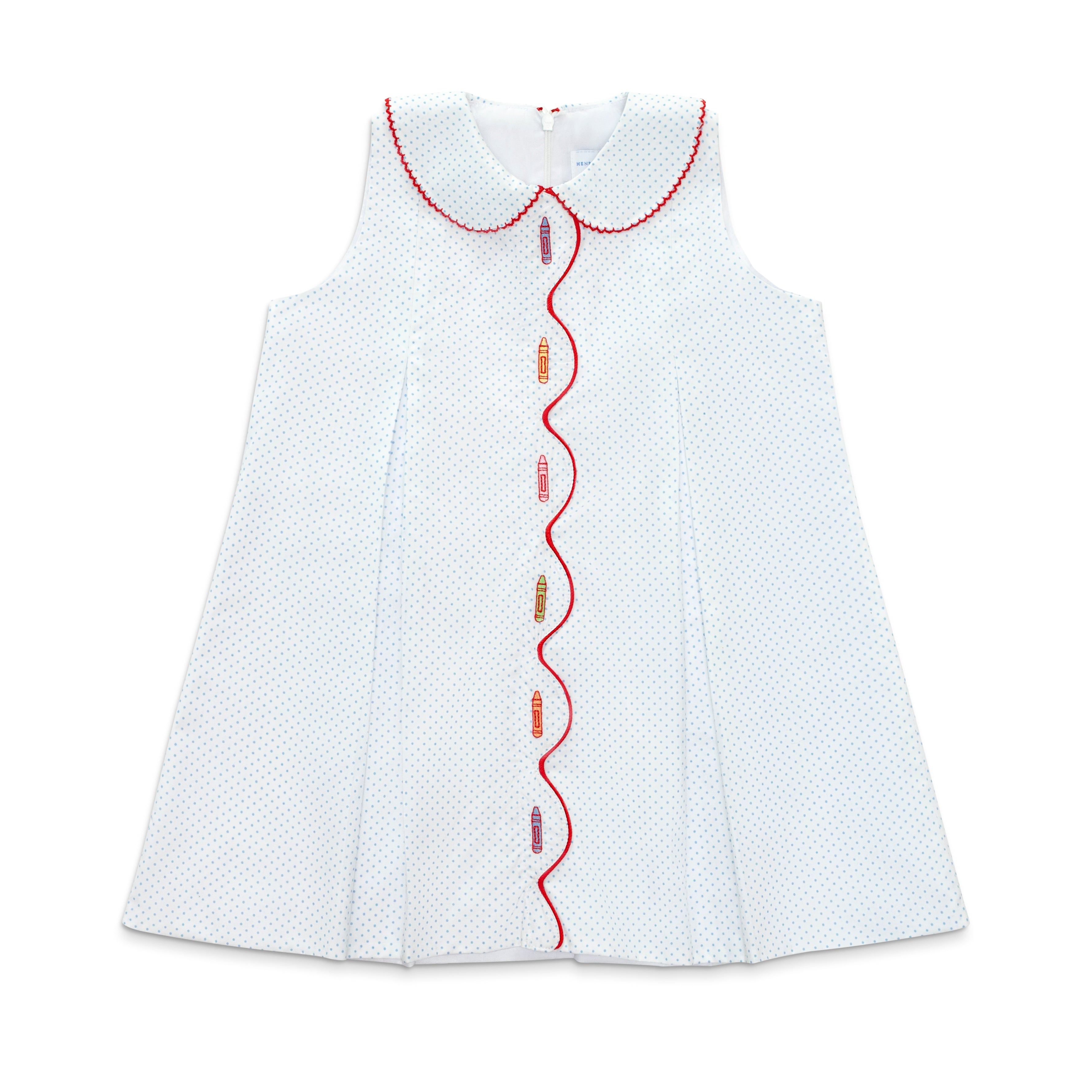 Henry Duvall Lucy Dress in blue micro dot cotton featuring a Peter Pan collar, red scalloped trim, and embroidered crayons, classic girls back-to-school dress for first day of school photos and classroom celebrations.