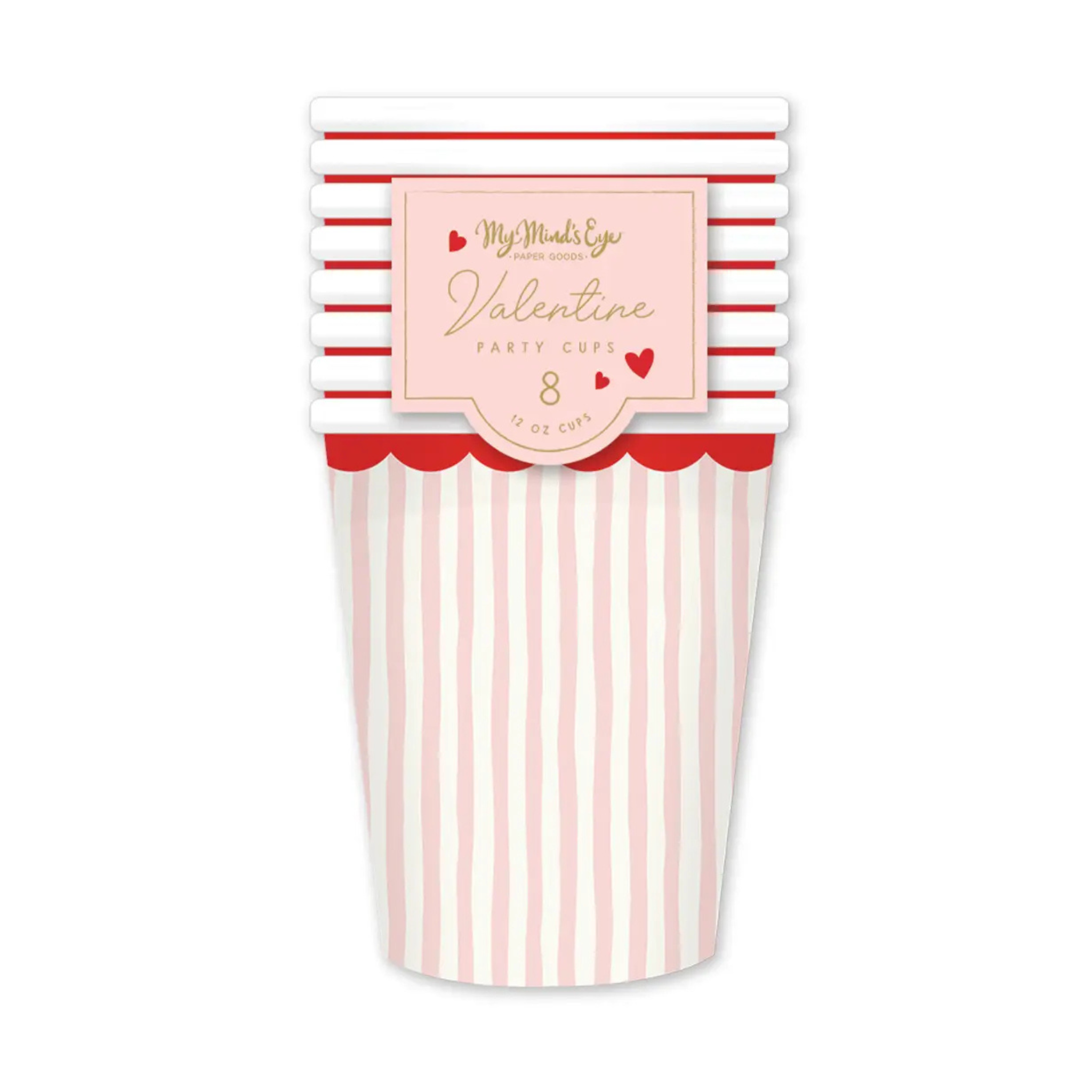 Set of 8 pink striped paper cups with red scalloped detail, valentines decor