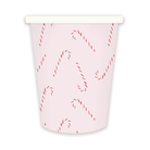 Pink holiday paper cups with red candy cane pattern, perfect for whimsical Christmas party tables.