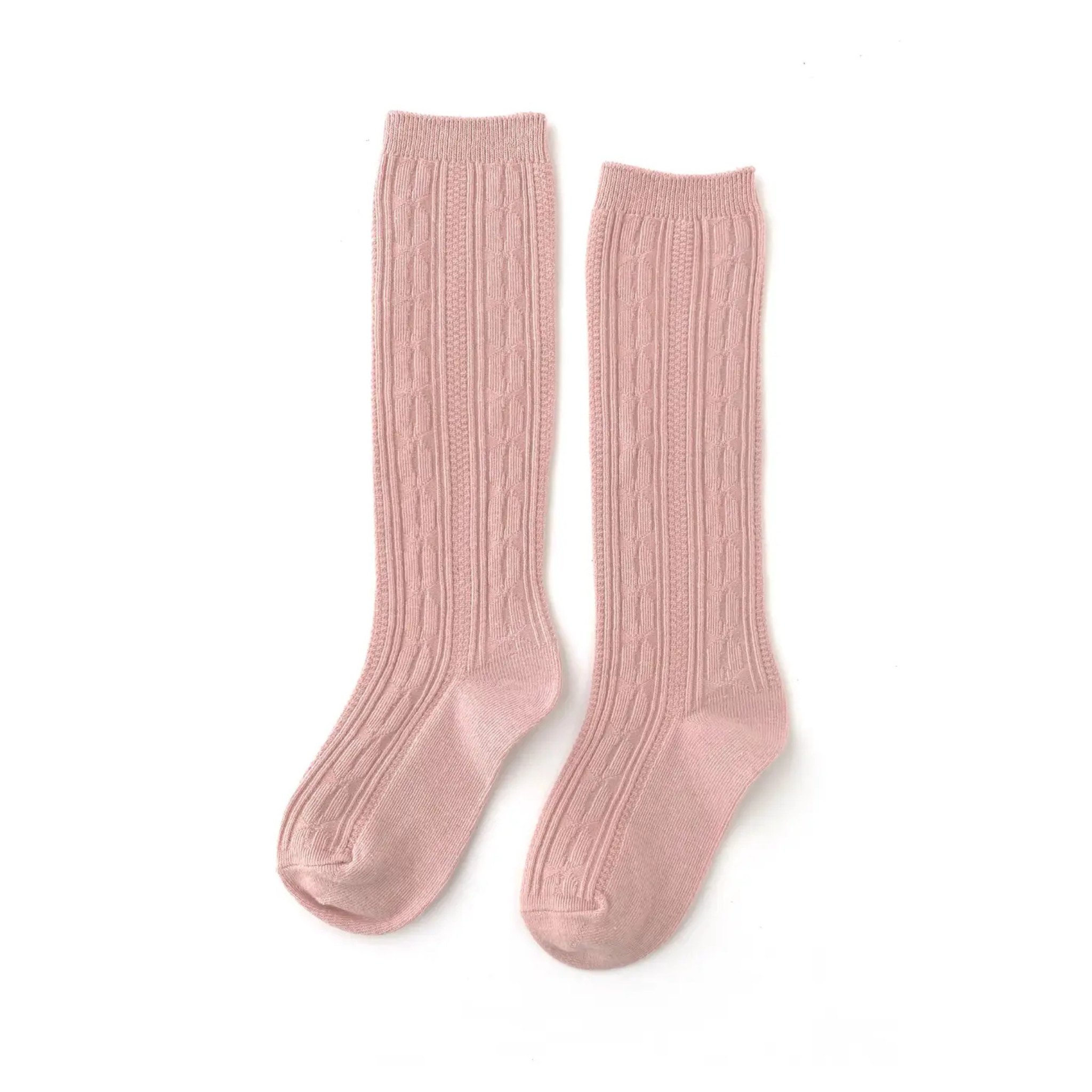 Parker Pink Cable Knit Knee Socks for girls and toddlers in dusty rose, designed to coordinate with Beacon Hill Blooms from Henry Duvall.