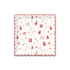 Square cream-colored paper plate with red scalloped edges and an all-over Christmas pattern featuring red and pink icons like Santa hats, candy canes, wrapped gifts, and festive trees.