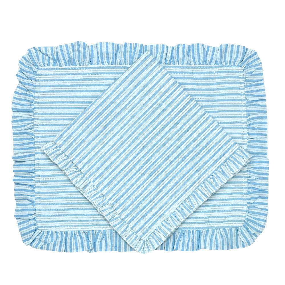 Quilted Placemats with Ruffle in Blue Stripes, Set of 4 - Henry Duvall