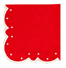 Red cloth napkin with white scalloped edge and embroidered dot detailing, styled for a festive holiday table setting.