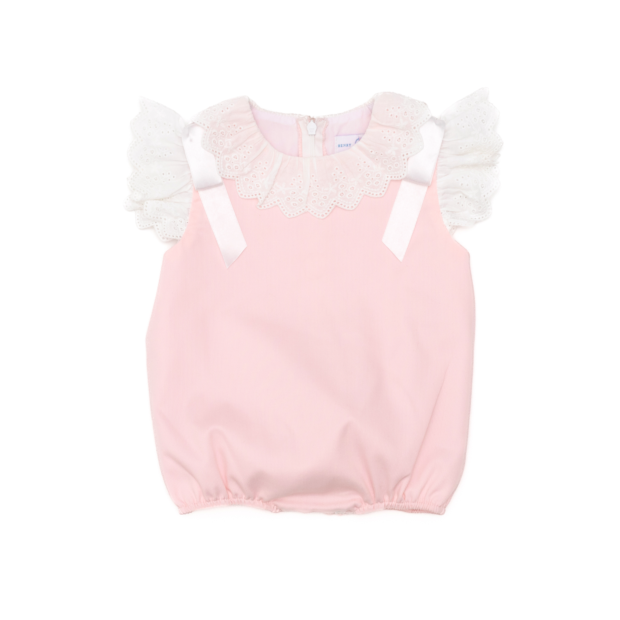 Henry Duvall Rosie Bubble for baby girls in pink piqué, a classic baby girls bubble with lace angel sleeves and satin bow details.