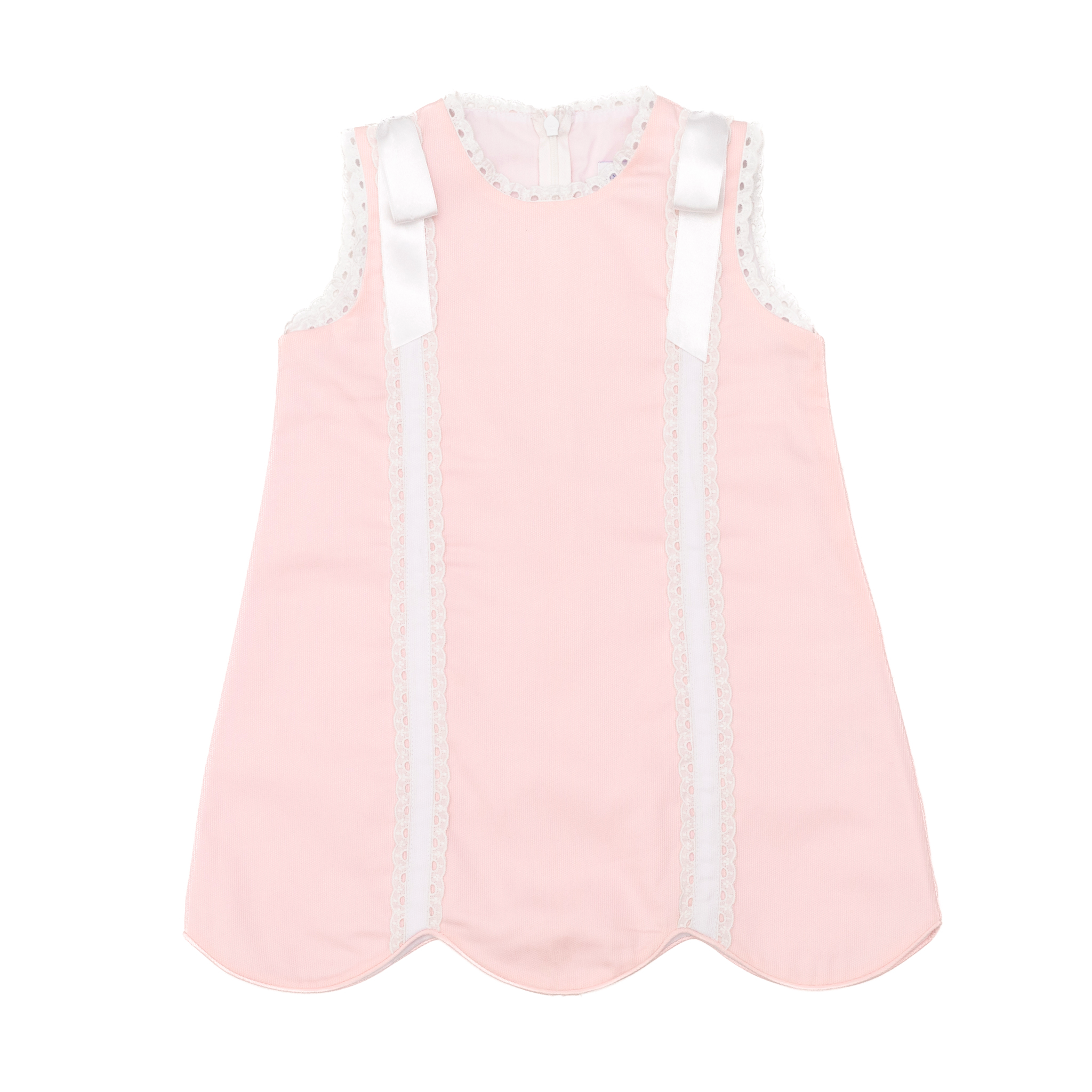 Henry Duvall Rosie Dress for girls in soft pink, a classic sleeveless dress with scalloped edges, lace trim, and satin bow details.