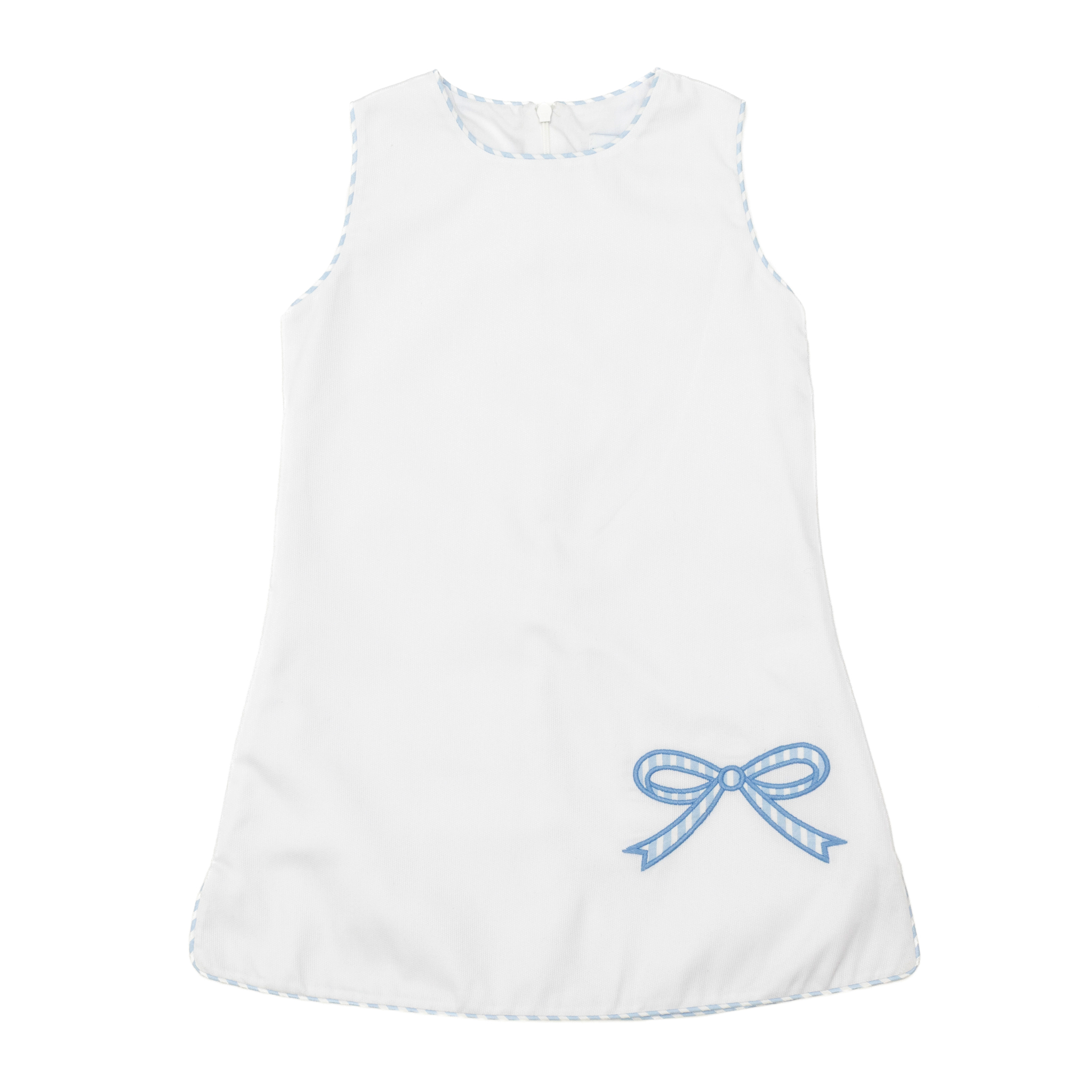 Henry Duvall Schuyler Dress for girls in white cotton piqué, a classic shift dress with blue and white striped trim and Seaside Stripe bow detail.