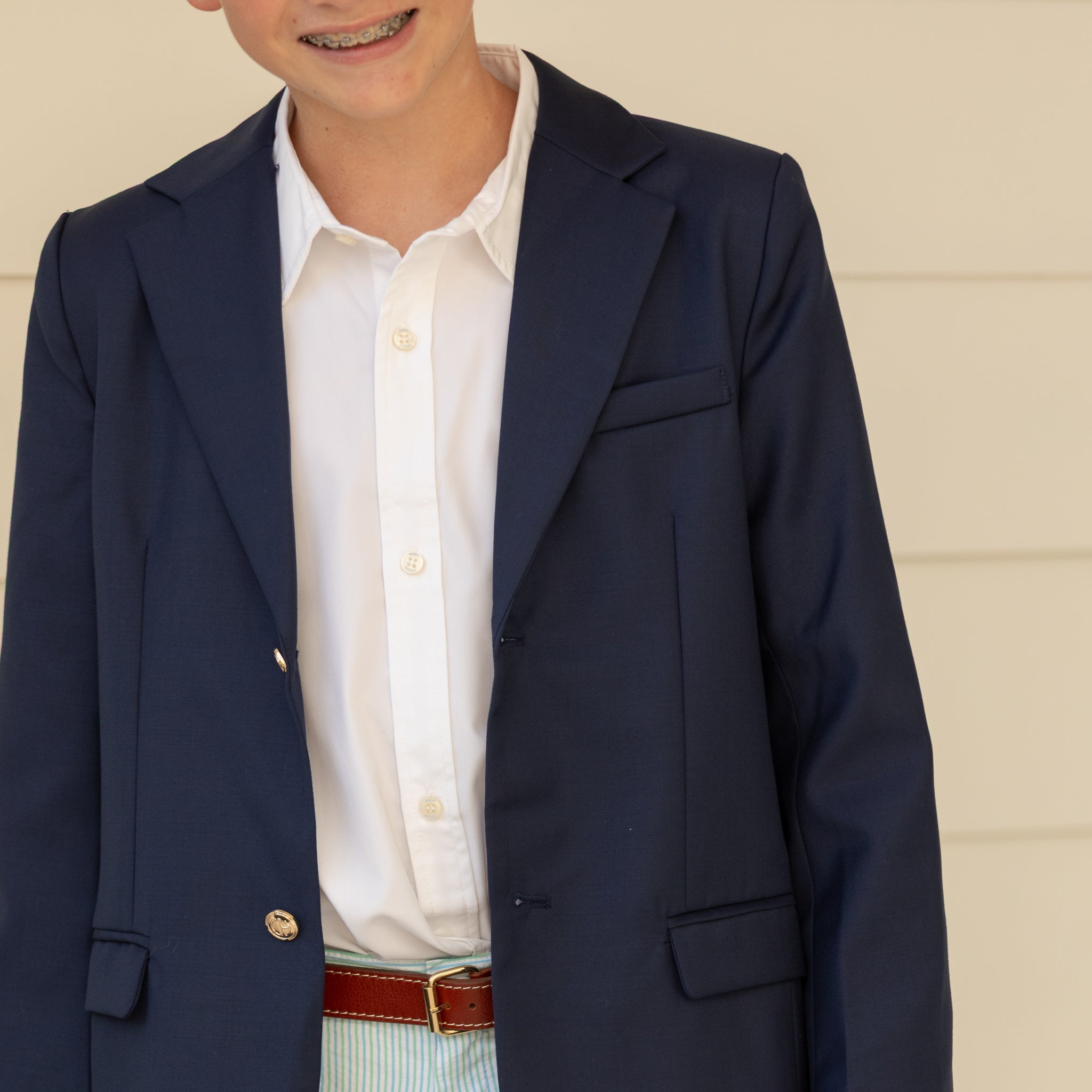 Henry Duvall classic navy boys blazer with gold HD buttons, a timeless tailored blazer for polished, preppy dressing.