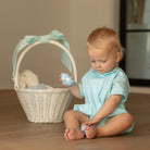 Baby boy wearing the Henry Duvall Banks Bubble, a classic spring outfit designed for family photos and special occasions.