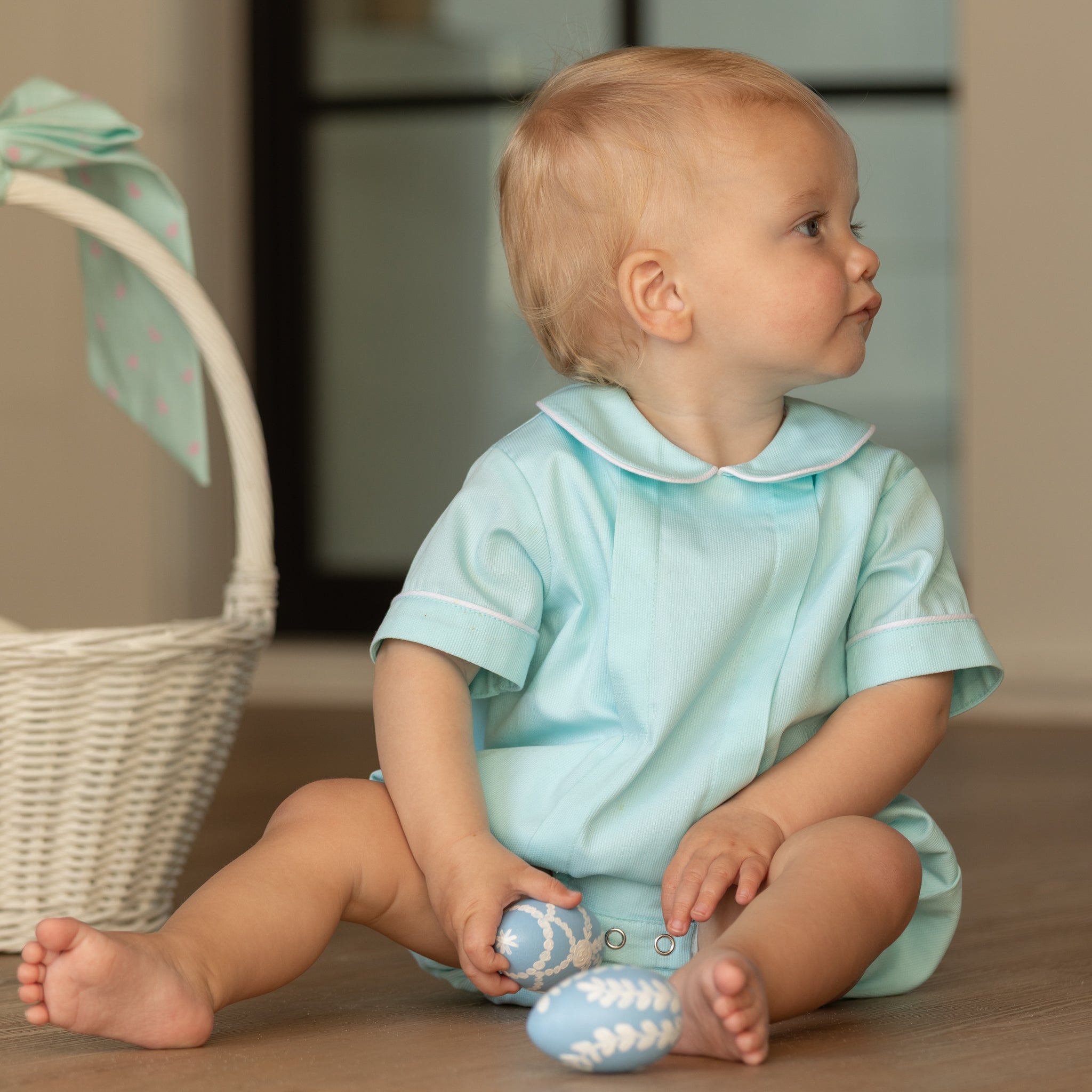 Baby boy wearing the Henry Duvall Banks Bubble, a classic spring outfit designed for family photos and special occasions.
