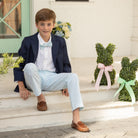 Henry Duvall classic navy boys blazer with gold HD buttons, a timeless tailored blazer for polished, preppy dressing.