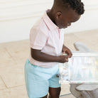 Henry Duvall Sullivan Shorts for boys in mint piqué, a classic two-piece outfit featuring a button-down shirt with rounded collar and tailored shorts.