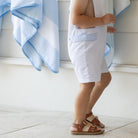 Henry Duvall James Henry Jon Jon for toddler boys in white piqué with Seaside Stripe trim, a classic and traditional summer one-piece