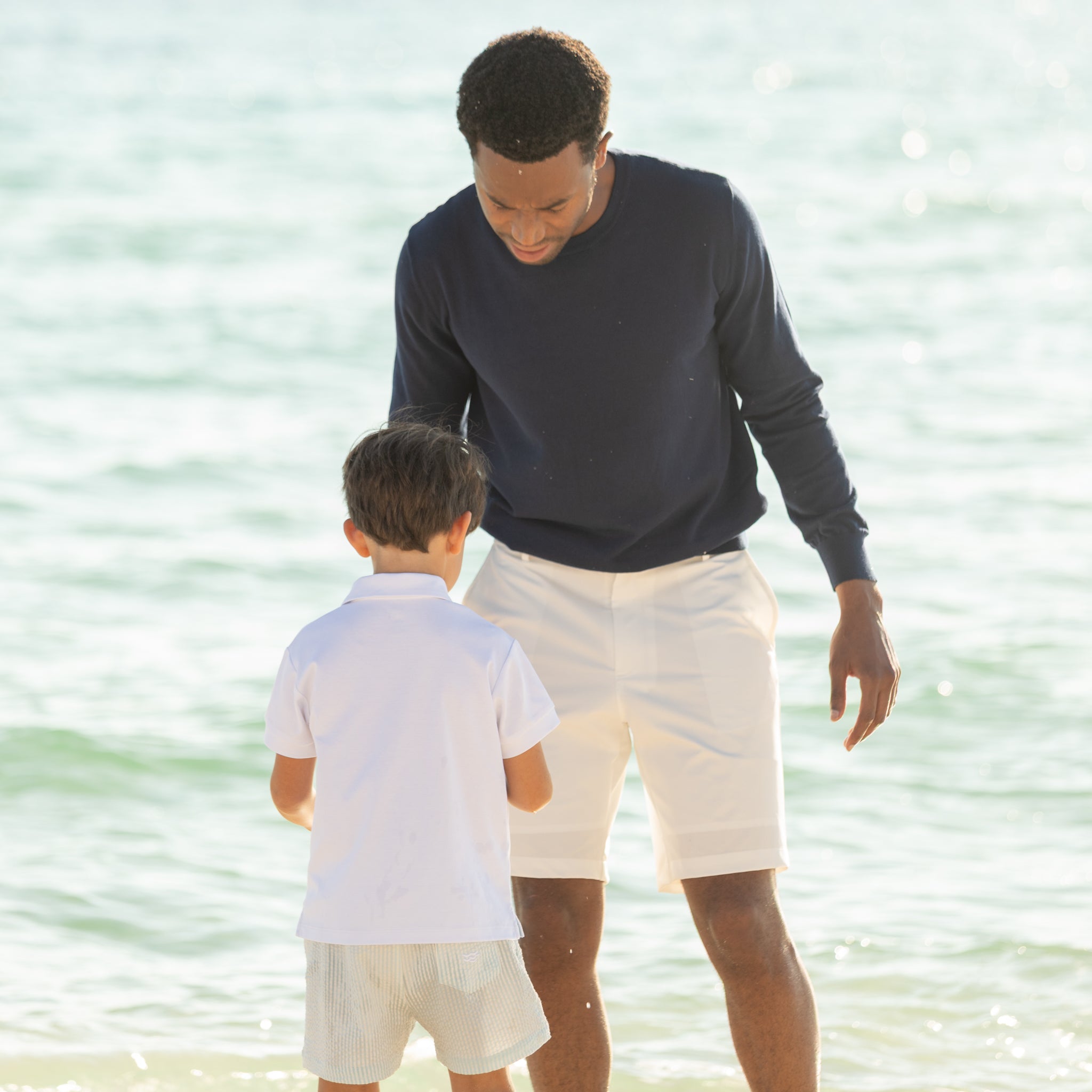 Men’s classic navy crewneck sweater by Henry Duvall, soft anti-pilling knit for fall layering, coordinates with children's styles for timeless father-son looks