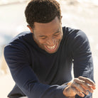 Men’s classic navy crewneck sweater by Henry Duvall, soft anti-pilling knit for fall layering, coordinates with children's styles for timeless father-son looks