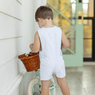 Henry Duvall James Henry Jon Jon for toddler boys in white piqué with Seaside Stripe trim, a classic and traditional summer one-piece