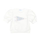 Henry Duvall Tenley Tee for girls with grade-level pennant appliqué in Pink Sand and Brighton Blue, soft cotton blend back-to-school shirt designed by the Fashion Club