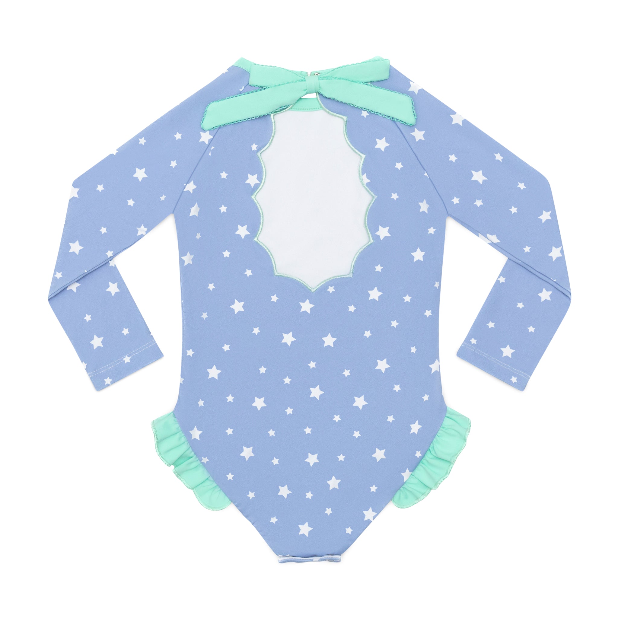 Girls’ long sleeve rashguard one piece swimsuit in Seaside Seersucker with UPF 50+ and scalloped open back, perfect for summer or beach vacations by Henry Duvall.