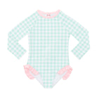 Girls’ long sleeve rashguard one piece swimsuit in Seaside Seersucker with UPF 50+ and scalloped open back, perfect for summer or beach vacations by Henry Duvall.