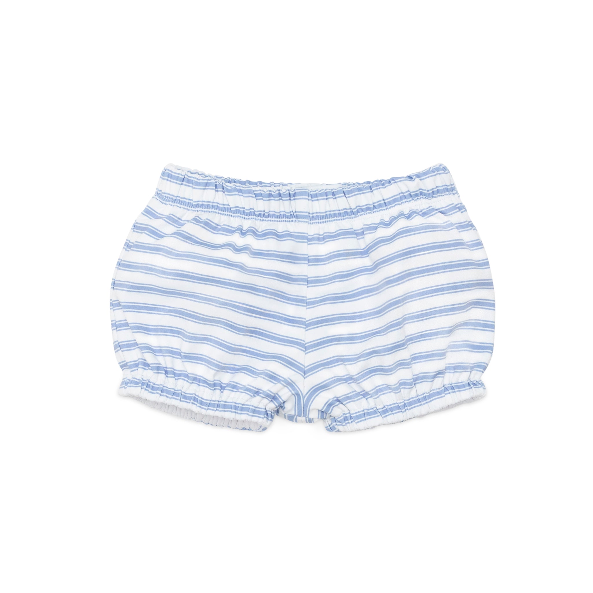 Baby boy swim bloomers in Seaside Seersucker with UPF 50+ protection; classic swim shorties with full coverage and elastic waist by Henry Duvall.