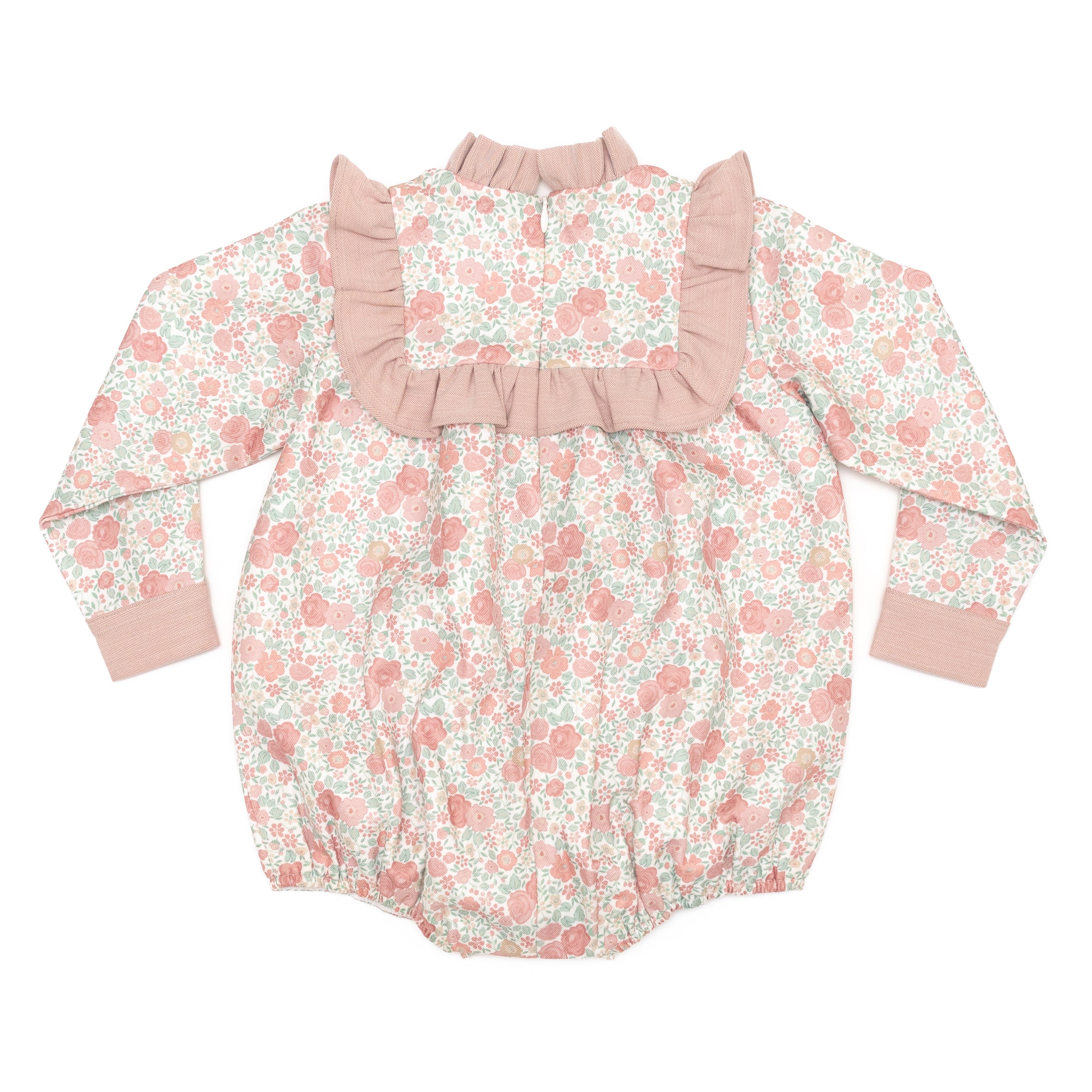Henry Duvall Nora Bubble in Beacon Hill Blooms with Parker Pink Herringbone trim, classic fall baby girl outfit with ruffle details, traditional heirloom bubble for portraits and holidays