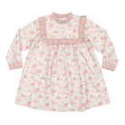 Henry Duvall Nora Dress in Beacon Hill Blooms with Parker Pink Herringbone ruffle trim, classic long sleeve holiday dress for girls, heirloom fall outfit for portraits and special occasions.