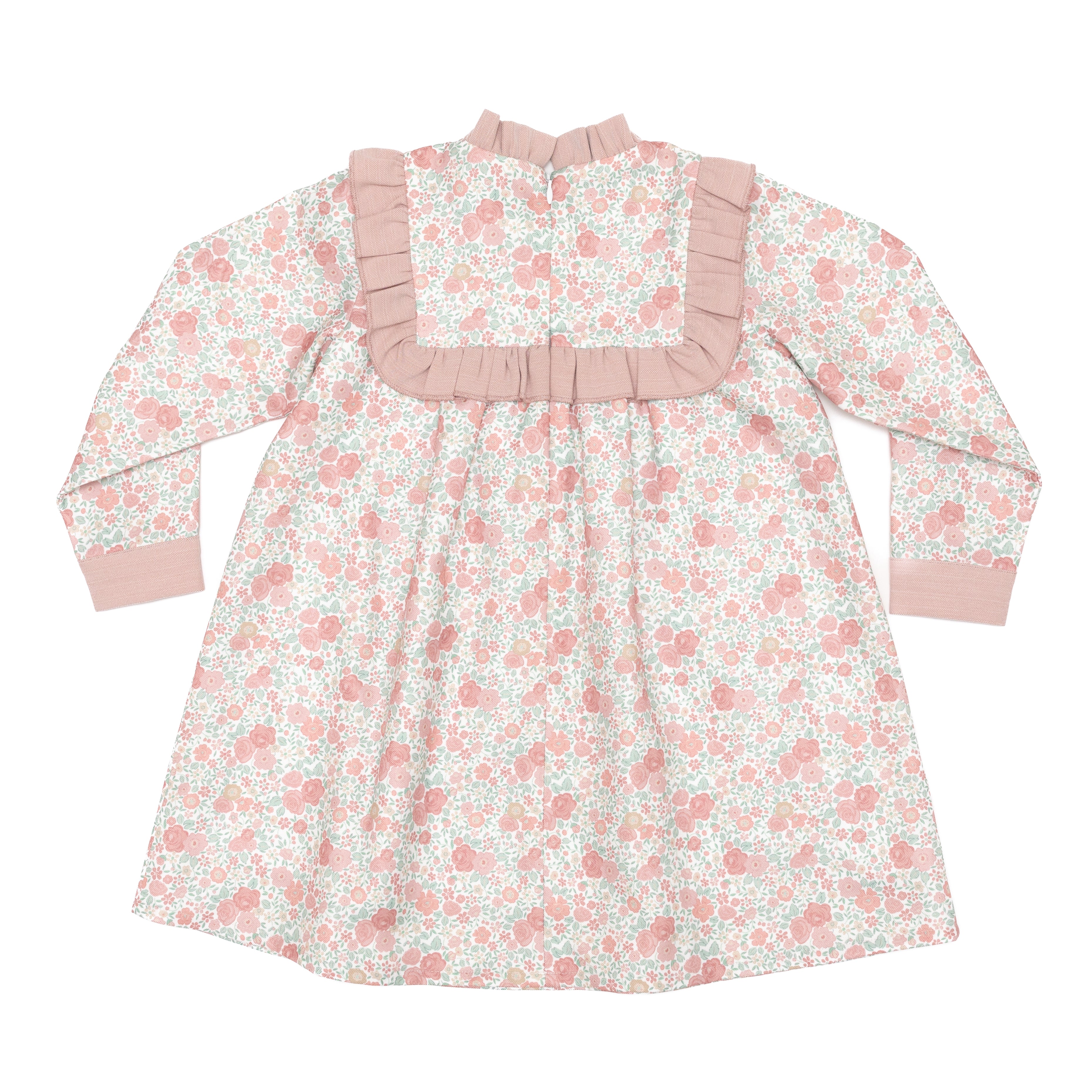 Henry Duvall Nora Dress in Beacon Hill Blooms with Parker Pink Herringbone ruffle trim, classic long sleeve holiday dress for girls, heirloom fall outfit for portraits and special occasions.