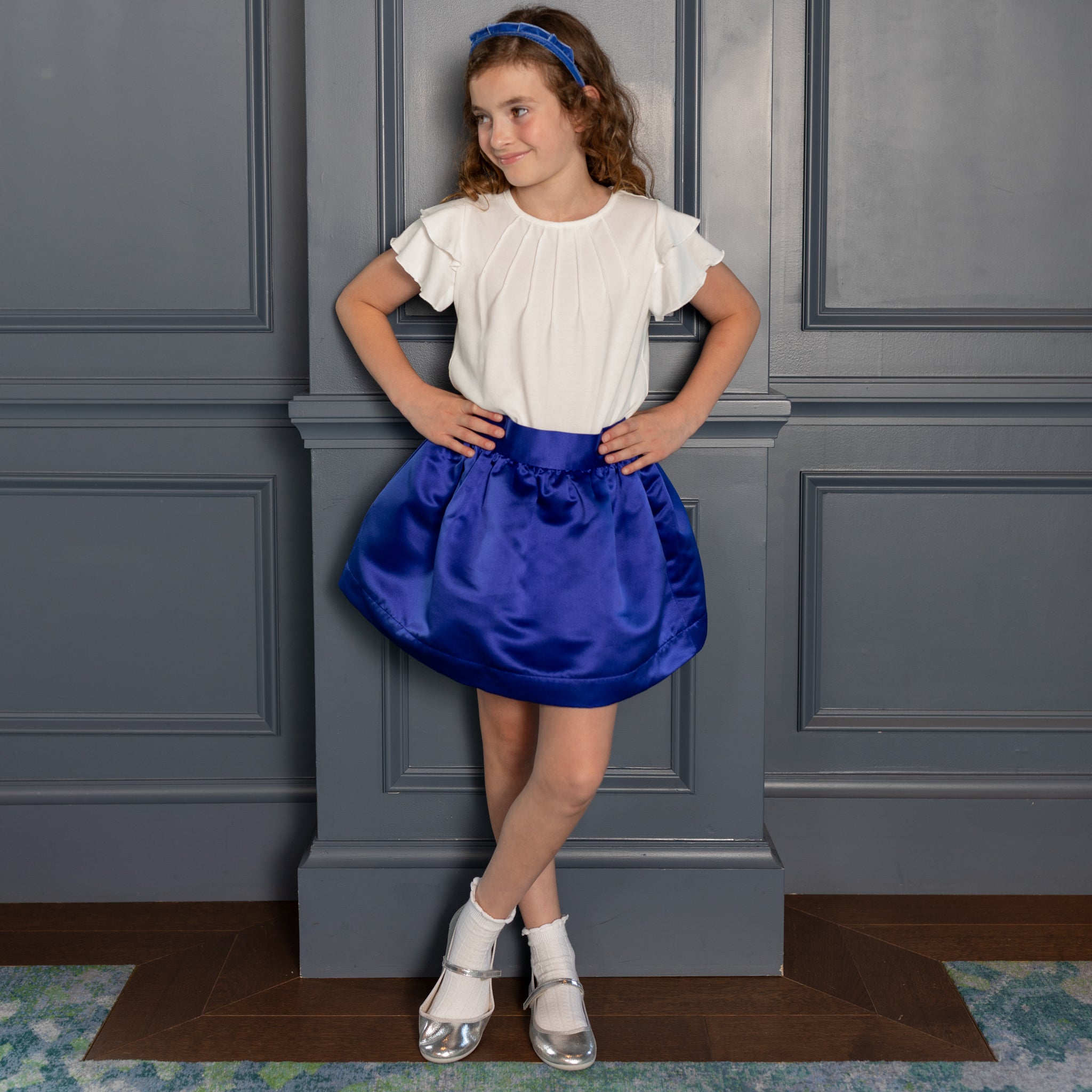 Henry Duvall Sutton Skirt in Boylston Blue, classic fall skirt for older girls designed for subtle sibling coordination with Prescott Plaid and Prescott Petals