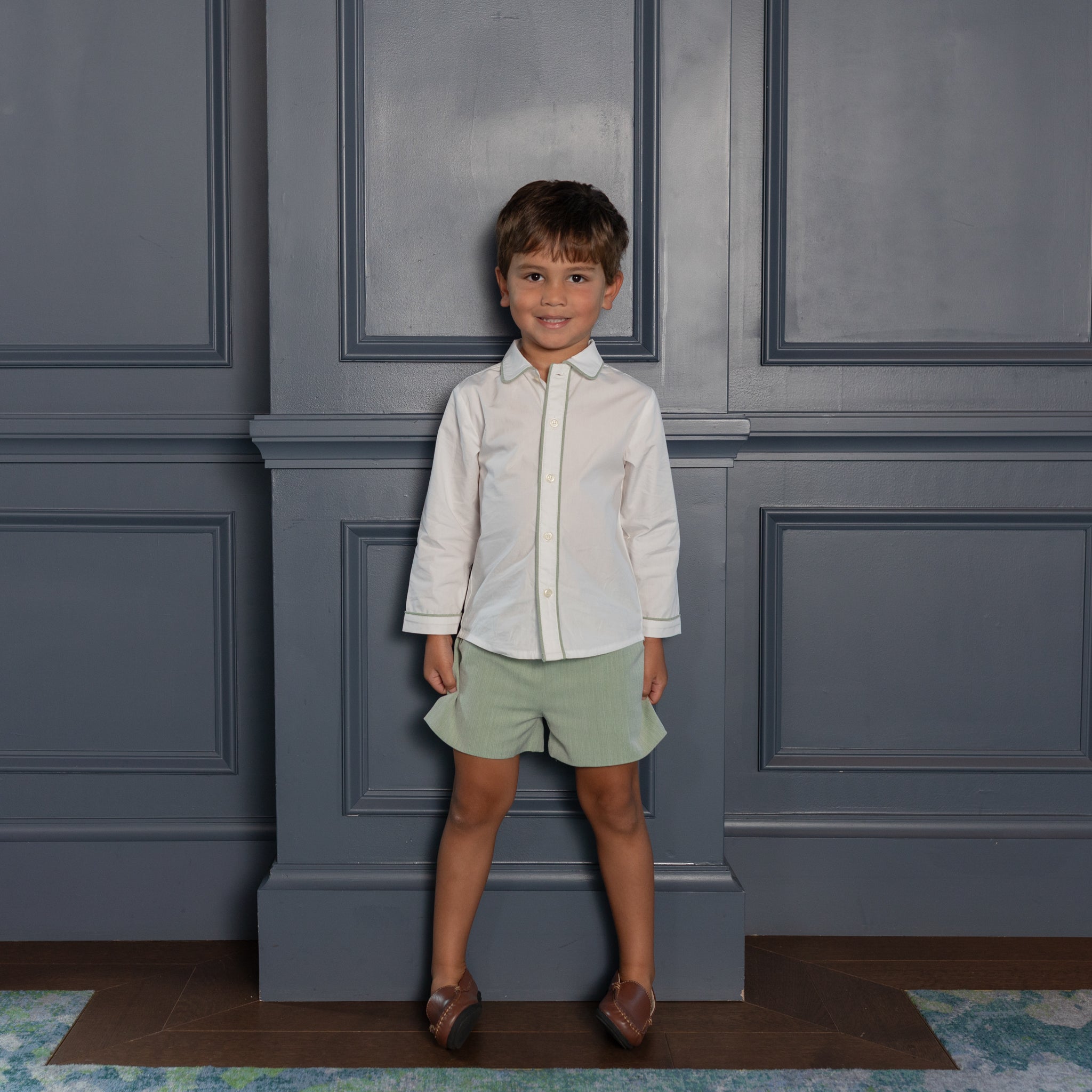 Henry Duvall Sullivan Shorts Set for toddler boys in sage herringbone, heirloom outfit with rounded collar shirt, classic English-inspired boys clothing