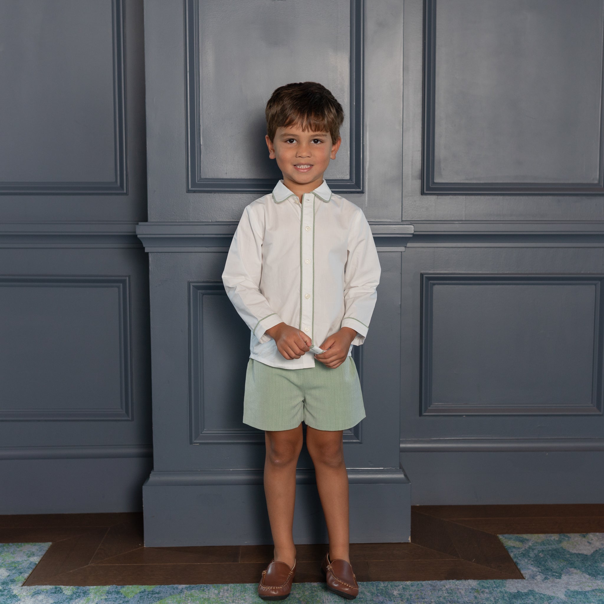 Henry Duvall Sullivan Shorts Set for toddler boys in sage herringbone, heirloom outfit with rounded collar shirt, classic English-inspired boys clothing