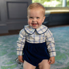 Henry Duvall Beau Bubble with Prescott Plaid top and Back Bay Blue Velvet bottom, long sleeve baby boy holiday romper with HD buttons and diaper snaps